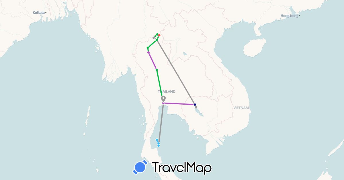 TravelMap itinerary: driving, bus, plane, train, hiking, boat in Cambodia, Thailand (Asia)